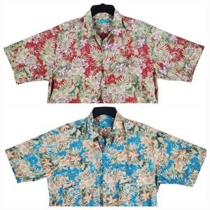 Vtg Tori Richard Hawaiian Shirt Mens L Blue Beige Floral Lawn Cotton Lot Of 2